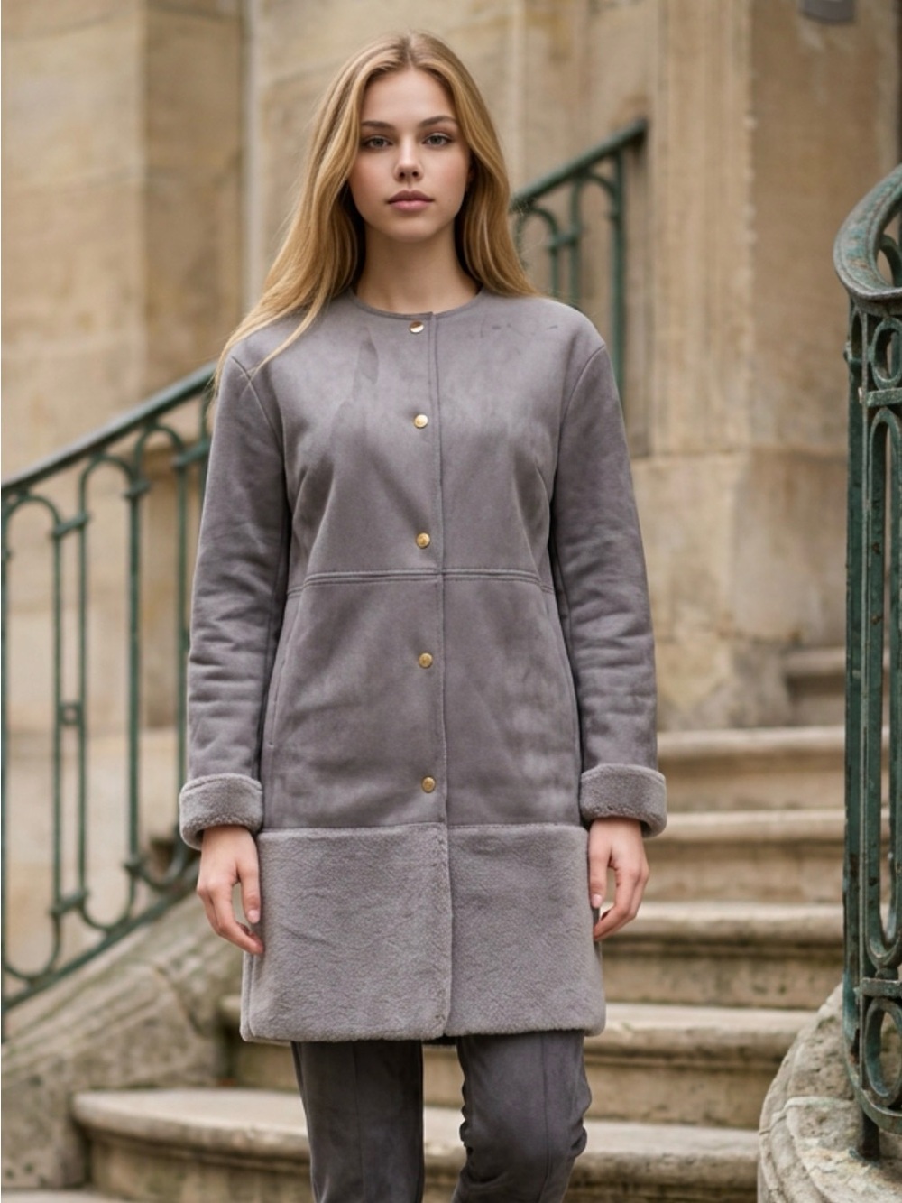 Women's Grey Faux Shearling Coat - Classic Longline Jacket